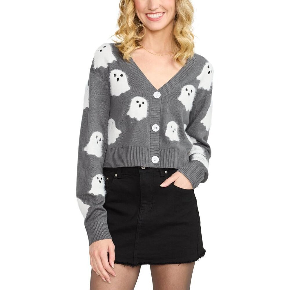 Women’s Fuzzy Ghost Print Cardigan Cropped Halloween Sweater Cozy Warm